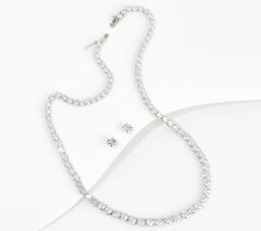 Diamonique Sterling Silver Tennis Necklace & Studs Boxed Set, 16"