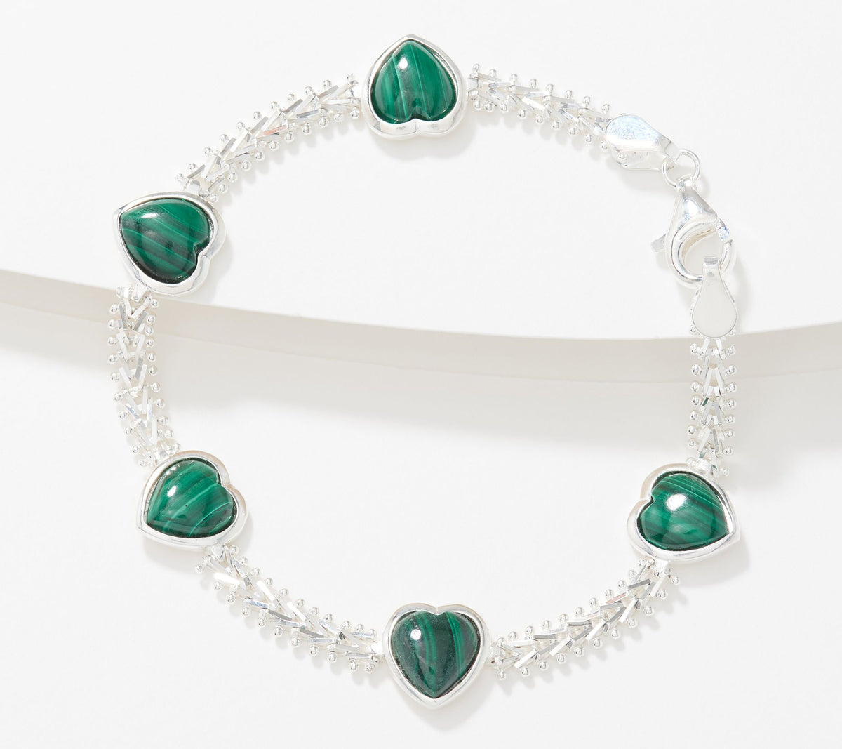 Imperial Sterling Silver Green Malachite Heart Station Bracelet 6-3/4"