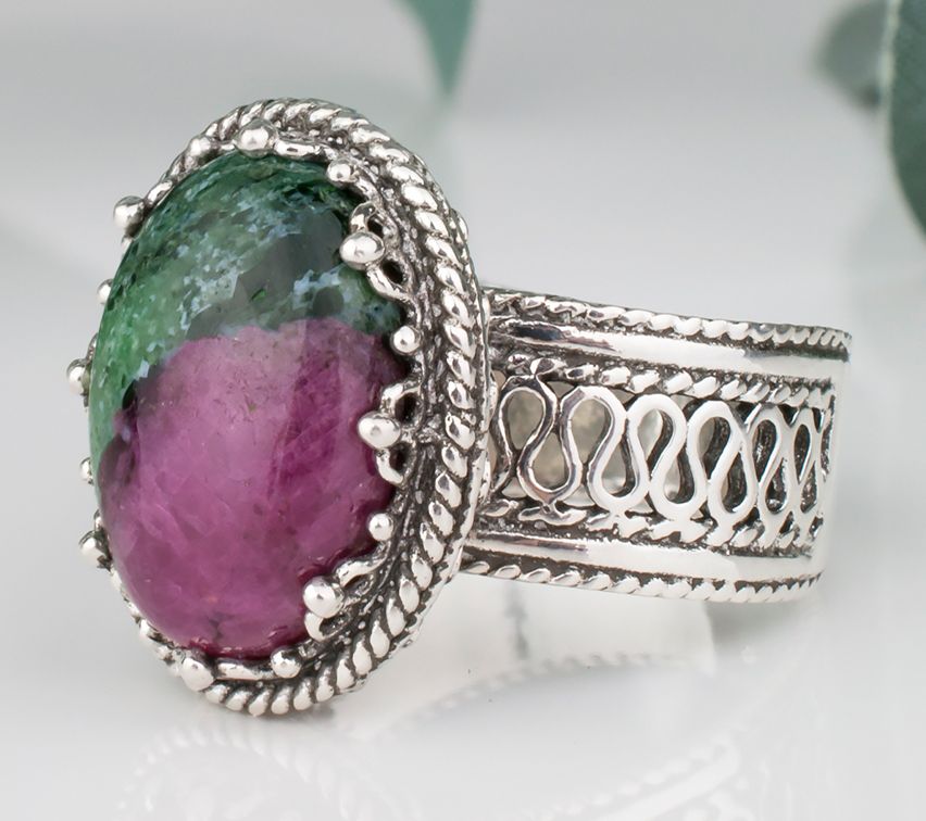 Artisan Crafted Sterling Silver Oval Ruby Zoisite Ring, Size 11