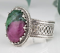 Artisan Crafted Sterling Silver Oval Ruby Zoisite Ring, Size 11