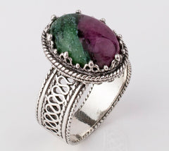 Artisan Crafted Sterling Silver Oval Ruby Zoisite Ring, Size 11