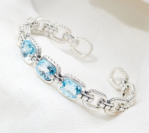 JAI Sterling Silver Faceted Blue Topaz Cuff Bracelet. 6-3/4"