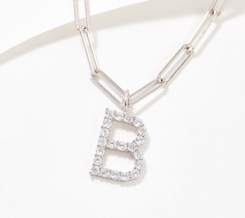 Diamonique Sterling Silver CZ Paperclip Link Initial "B" Necklace. 18"