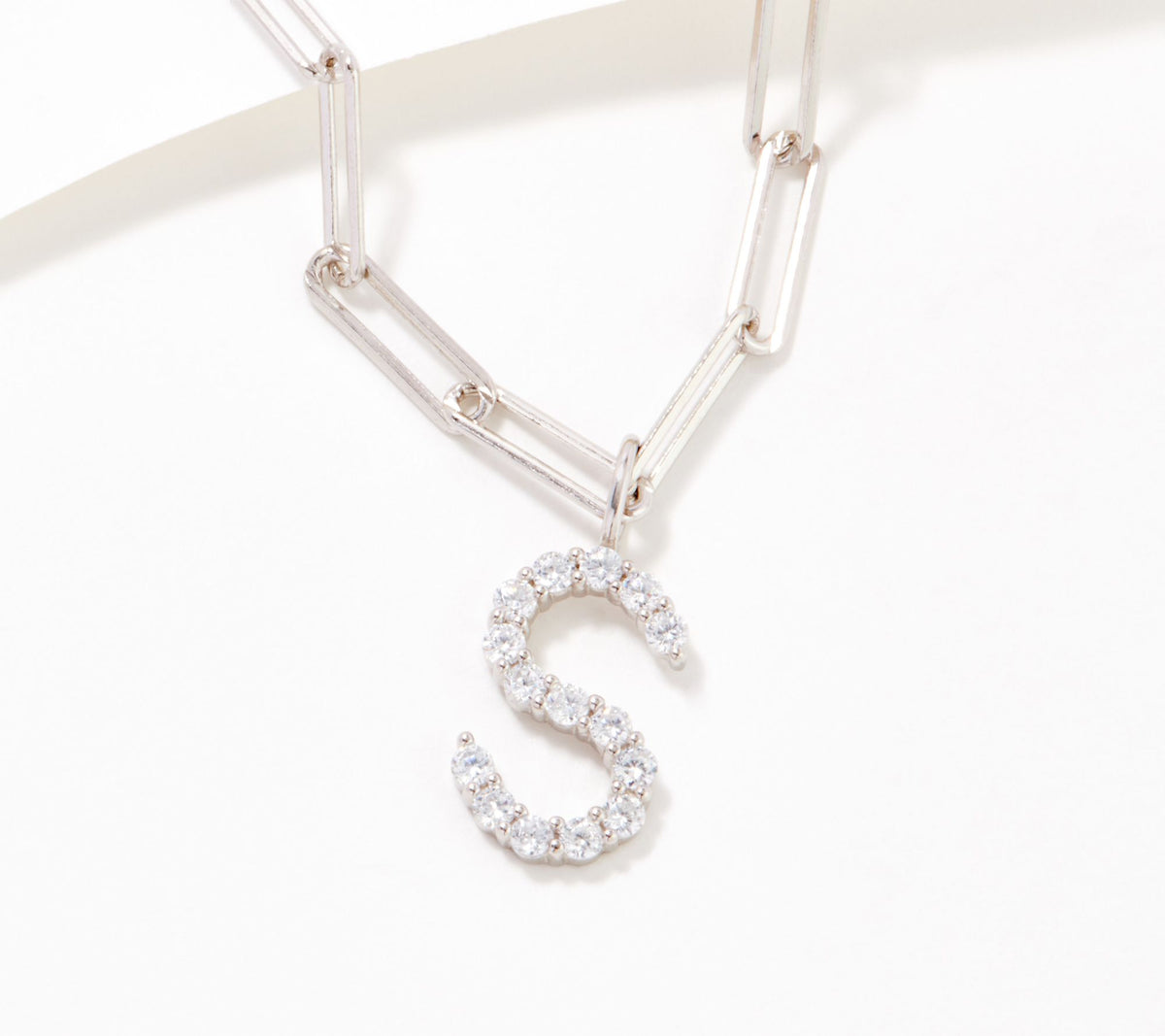 Diamonique Sterling Silver CZ Paperclip Link Initial "S" Necklace. 18"