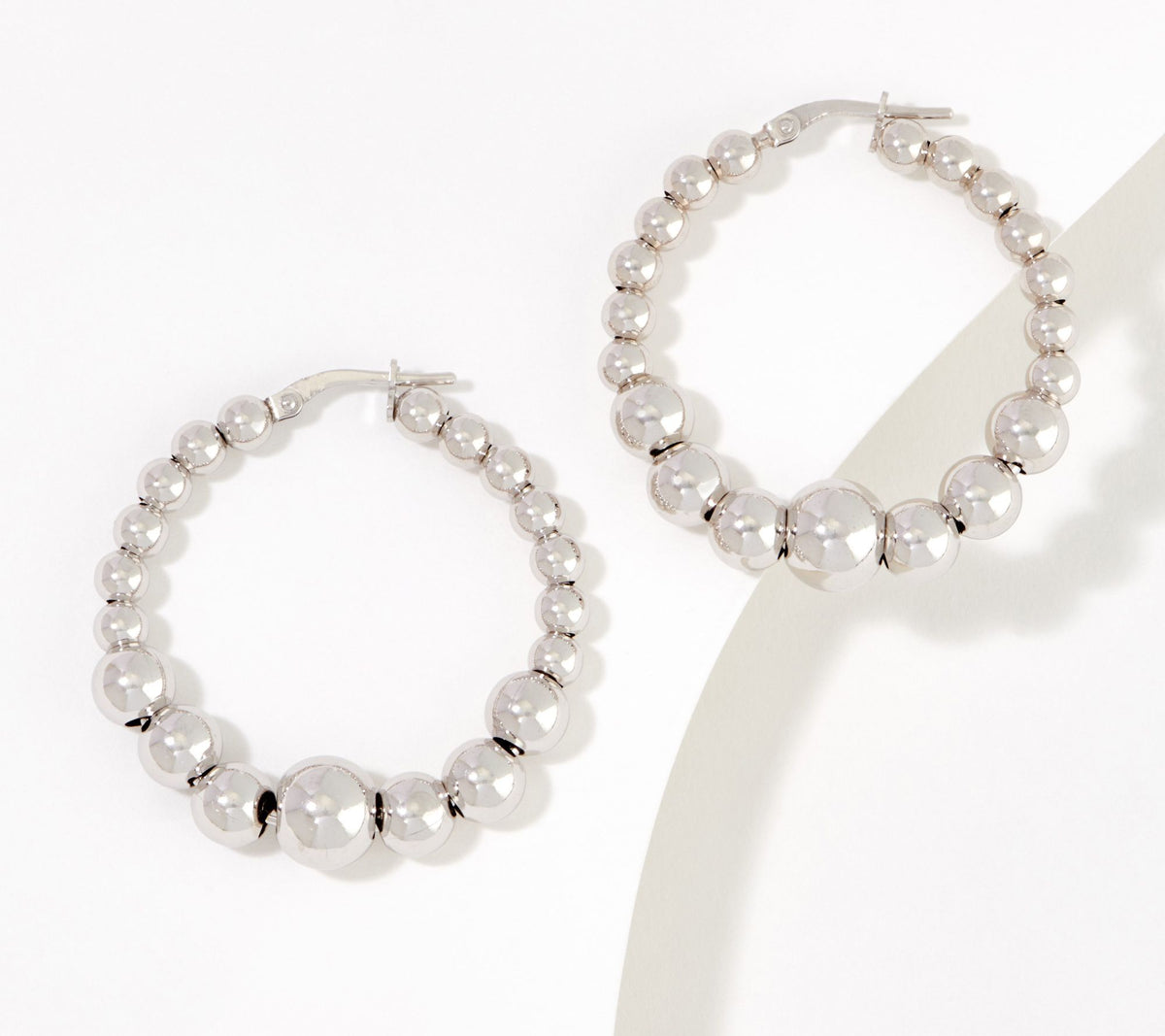 Italian Silver Silver Graduated Polished Beaded Hoop Earring