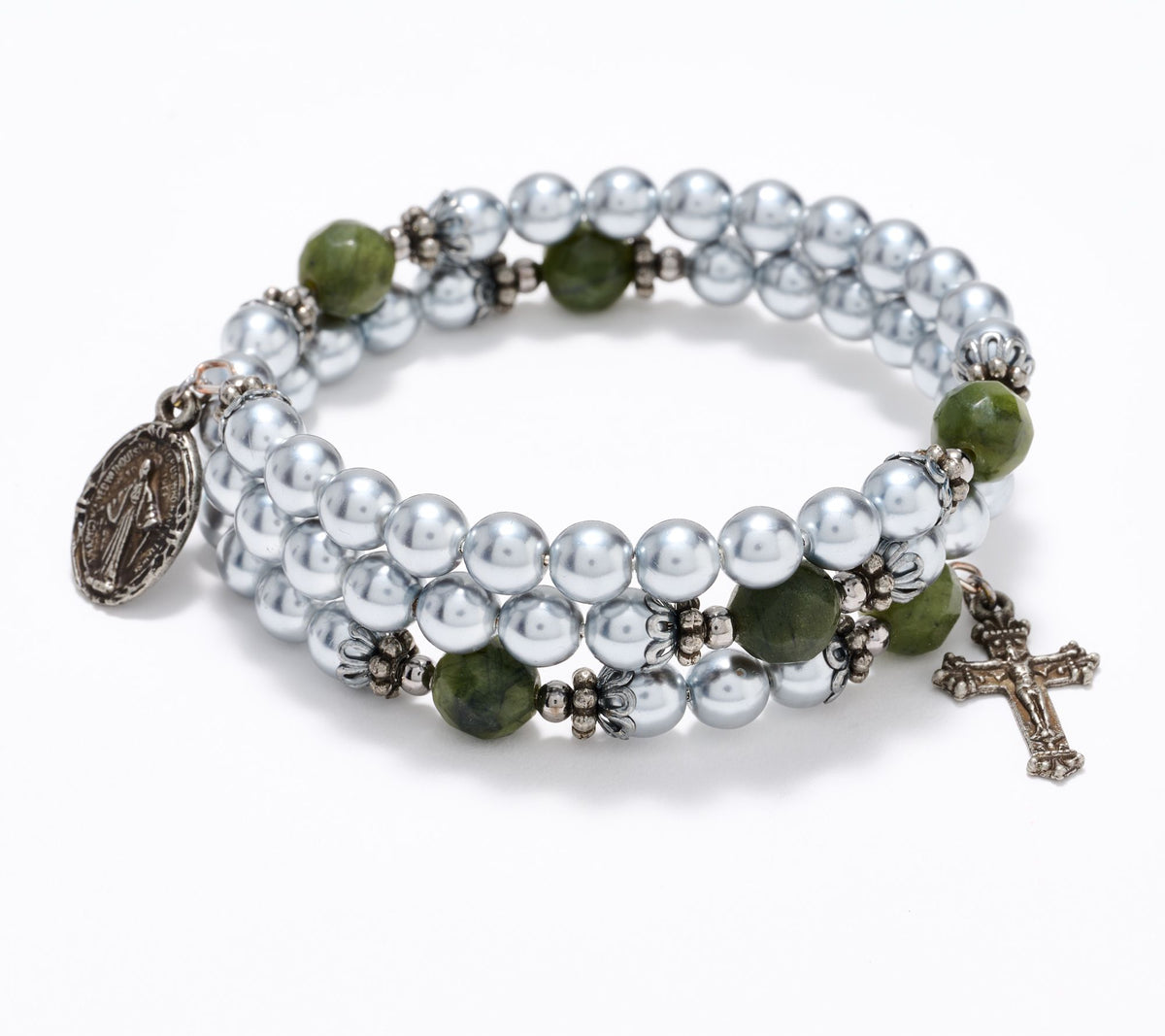 Connemara Marble Faux Pearl Coil Rosary Bracelet, Gray