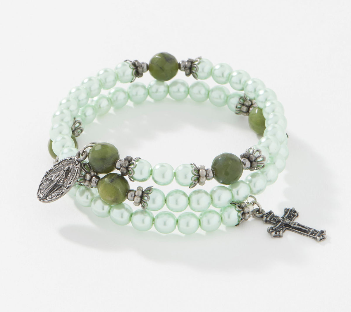 Connemara Marble Faux Pearl Coil Rosary Bracelet, Green