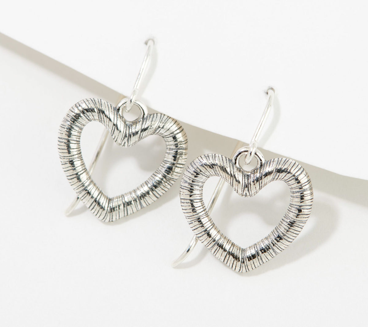 Or Paz Sterling Silver Organic Texture Heart Motif French Wire Earrings, 1-1/8"