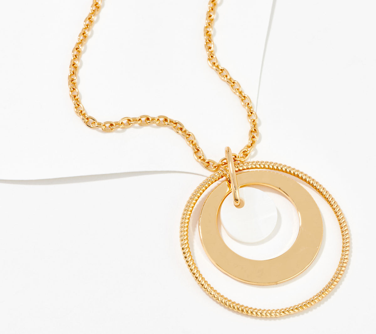 Denim & Co. Goldtone White Mother of Pearl Metallic Circle Pendant Necklace, 36"