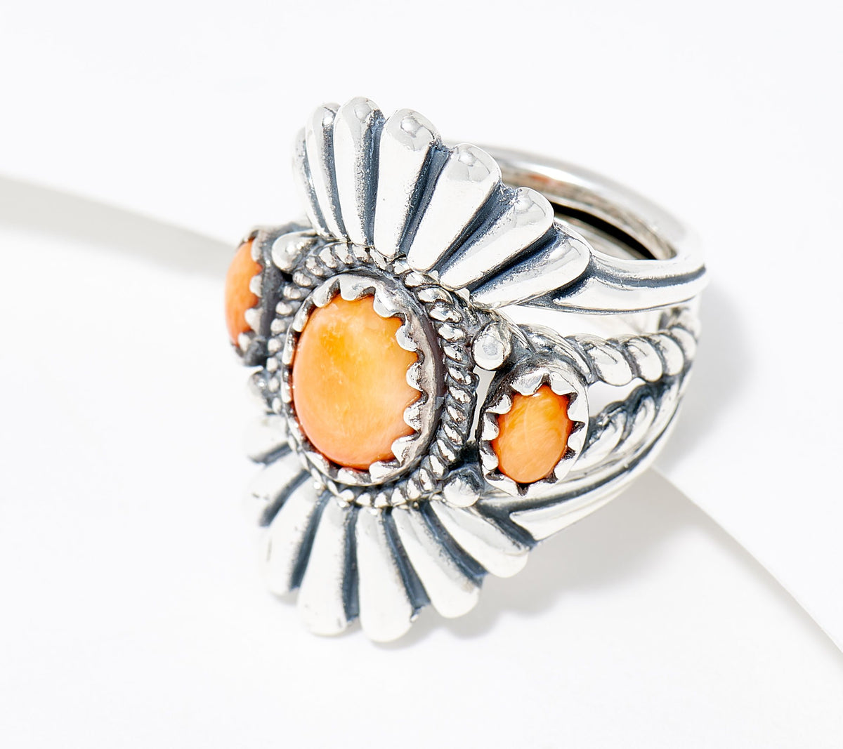 American West Sterling Silver 3-Stone Orange Spiny Shell Ring & Guard Size 8