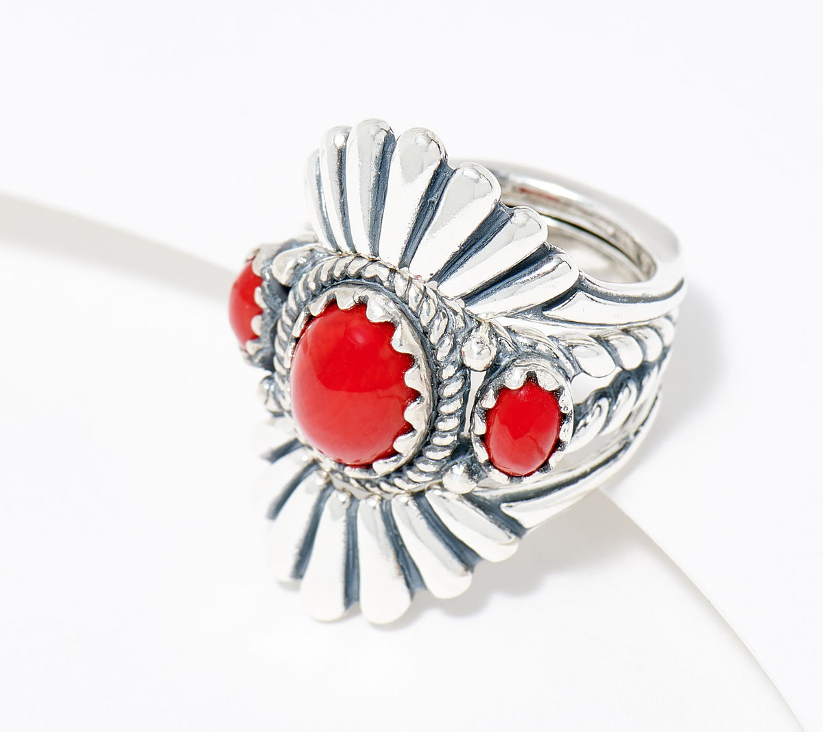 American West Sterling Silver 3-Stone Red Coral Ring & Guard Size 9