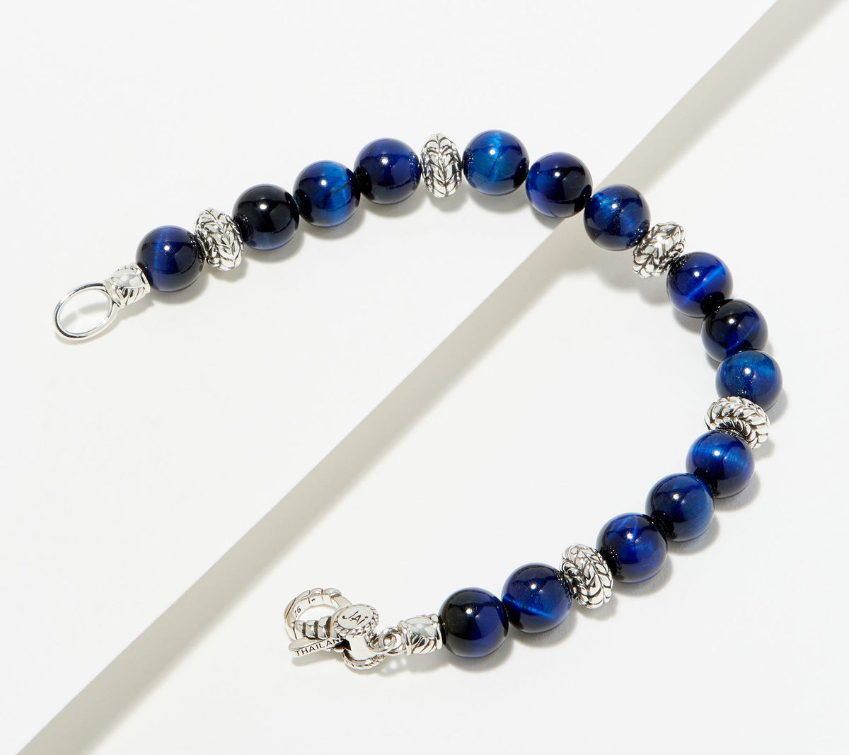 JAI Sterling Silver Basketweave Blue Tiger's Eye Bead Bracelet, 6"