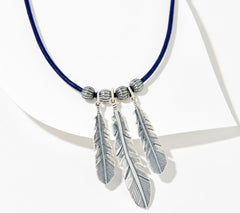 American West Sterling Silver 3 Feather Blue Leather Necklace,  17"