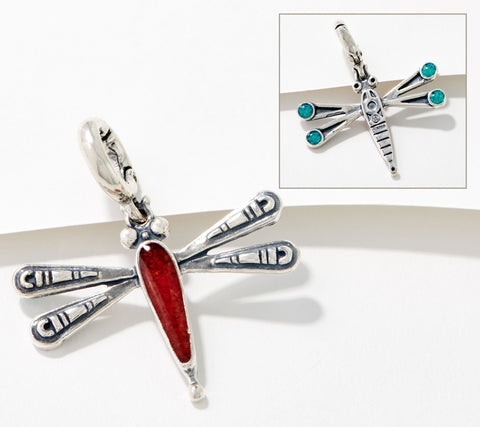 American West Sterling Silver Gemstone Reversible Dragonfly Charm. 1-1/2"