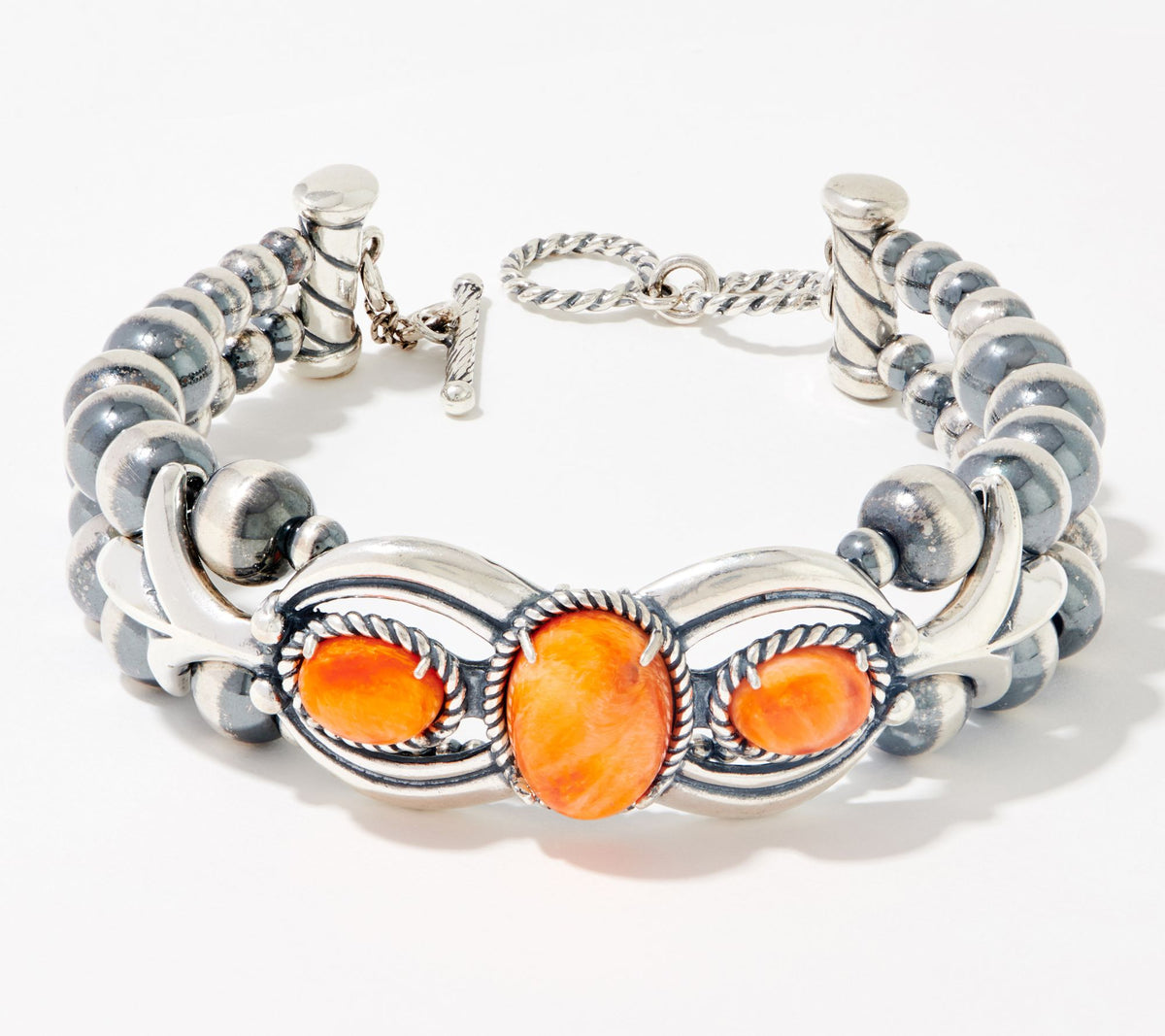 American West Sterling Silver Oval & Bead Orange Spiny Shell Bracelet 7-1/4"