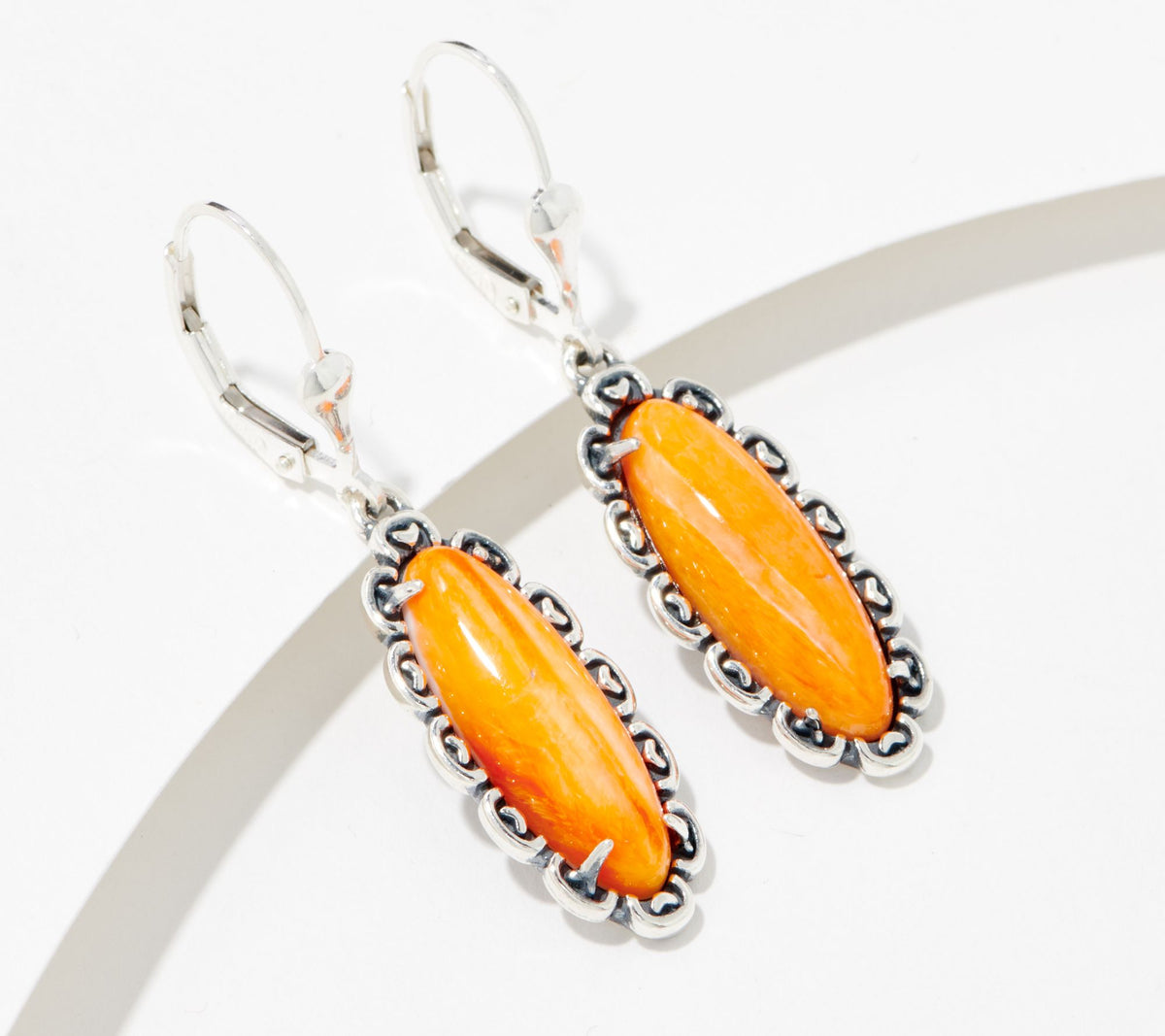 American West Sterling Silver Elongated Oval Orange Spiny Rope Earrings