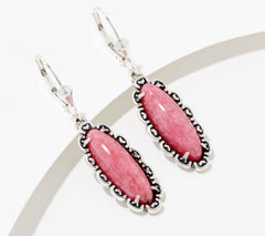 American West Sterling Silver Elongated Oval Rhodonite Rope Earrings