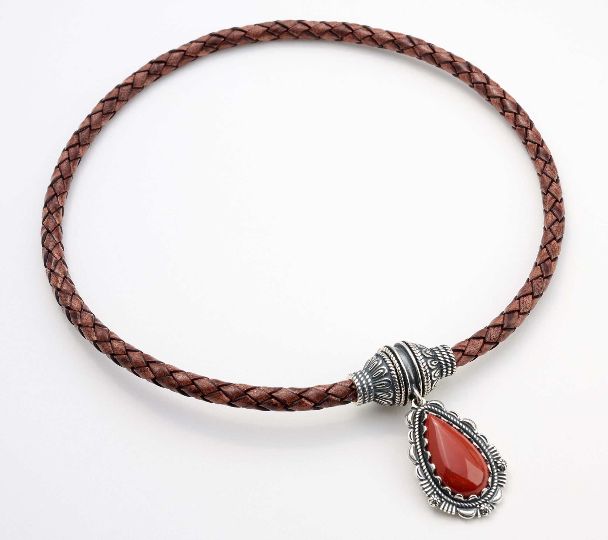 American West Braided Brown Leather Magnetic Red Jasper Necklace 20"