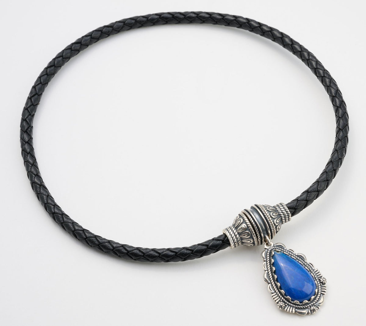 American West Braided Black Leather Magnetic Blue Lapis Necklace 20"