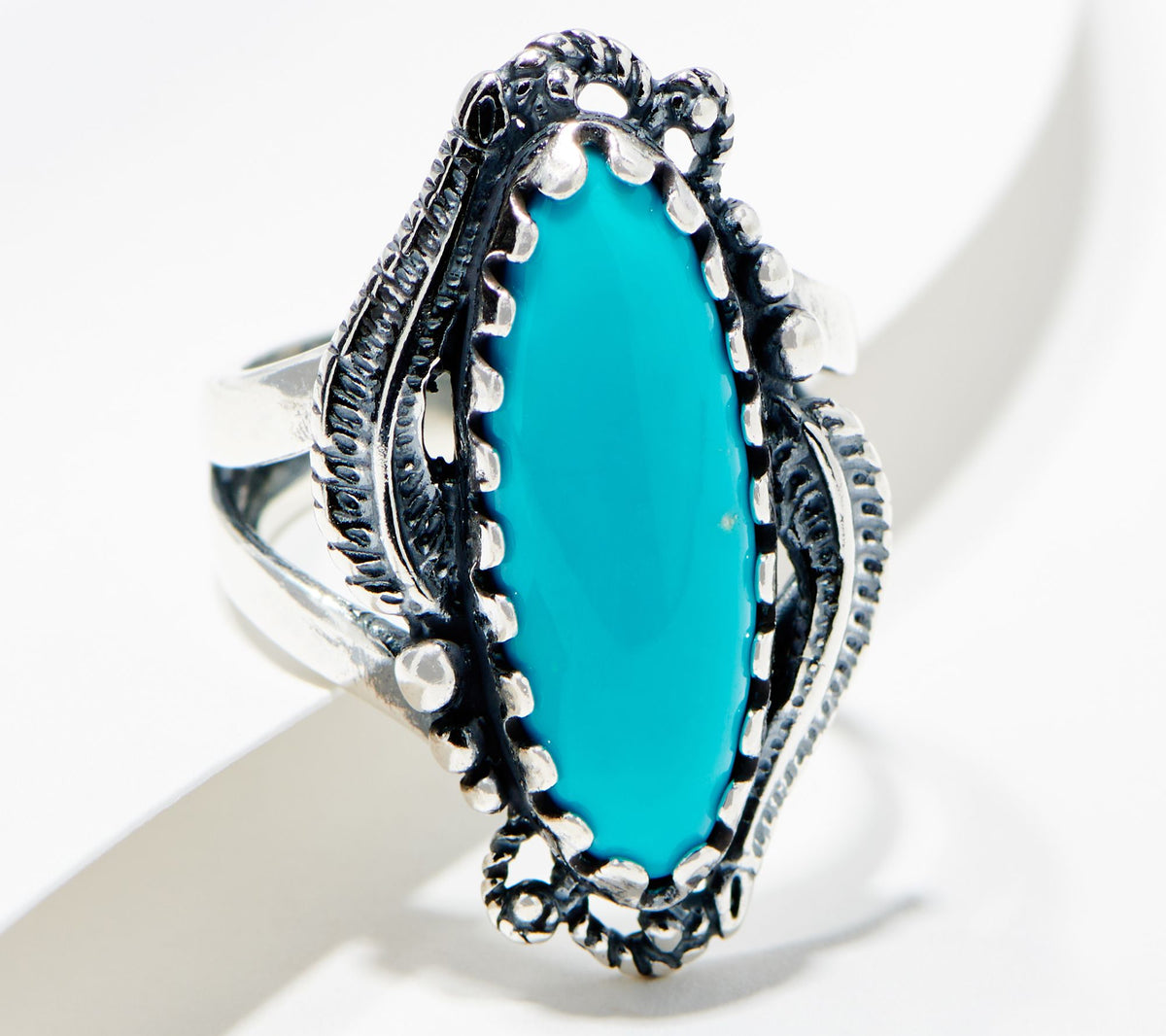 American West Leaf & Scroll Sterling Silver Oval Turquoise Ring Size 5