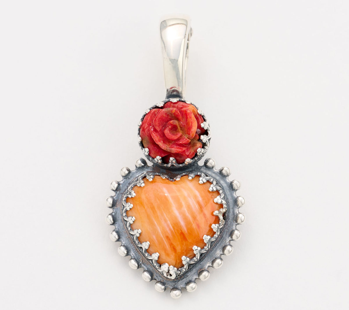 American West Sterling Silver Red Coral Rose & Orange Spiny Heart Enhancer