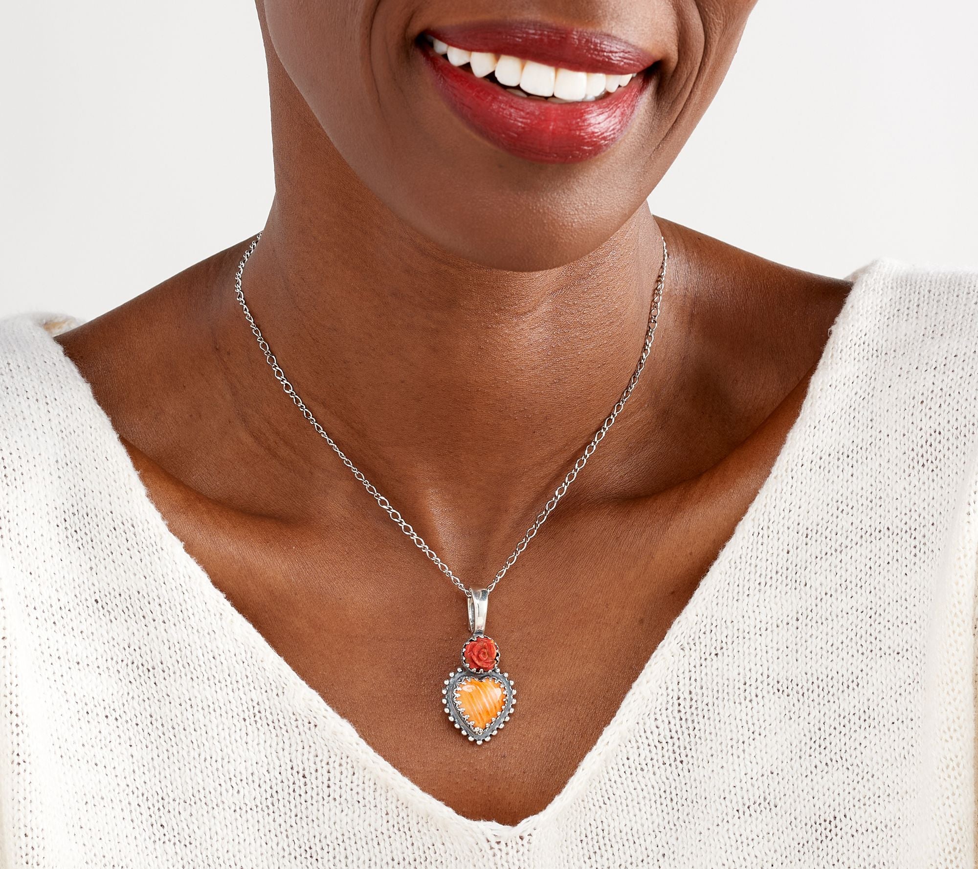 American West Sterling Silver Red Coral Rose & Orange Spiny Heart Enhancer