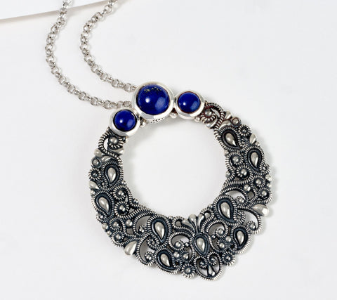 Or Paz Sterling Silver Paisley 3 Lapis Necklace, 18"