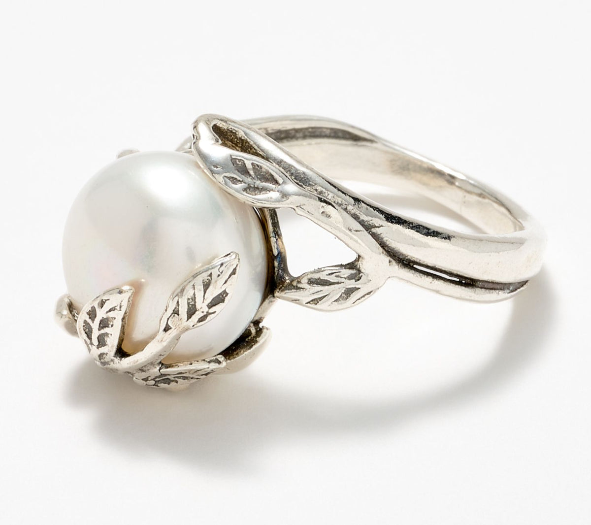 Or Paz Sterling Silver Cultured Pearl Leaf Ring, Size 7