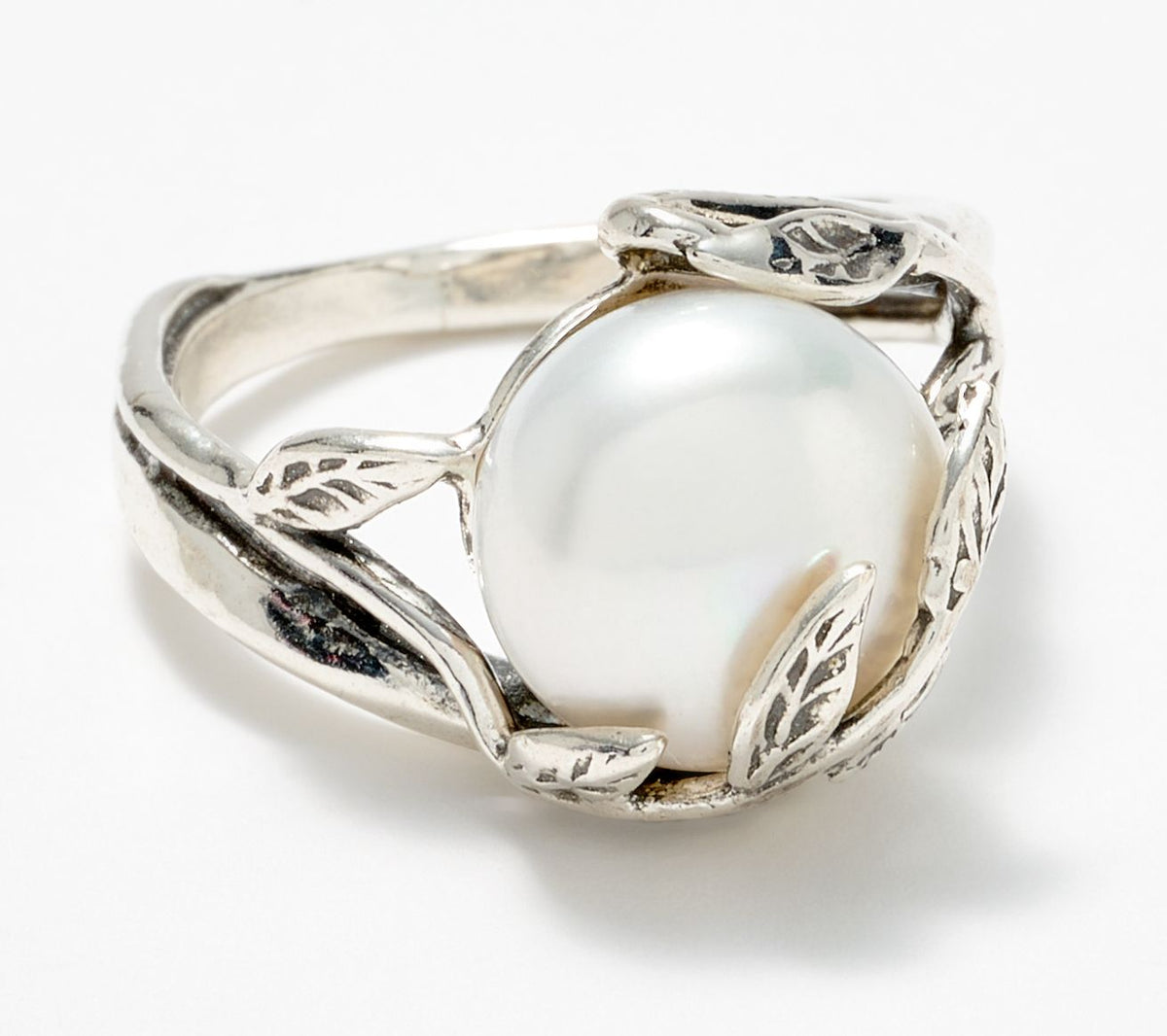 Or Paz Sterling Silver Cultured Pearl Leaf Cocktail Ring Size 6