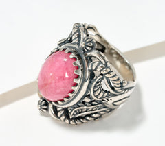 American West Sterling Silver Oval Pink Rhodonite Scroll & Leaf Ring Size 9