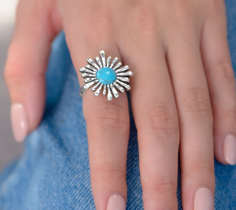 Or Paz Sterling Silver Blue Turquoise Floral Sunray Ring Size 10