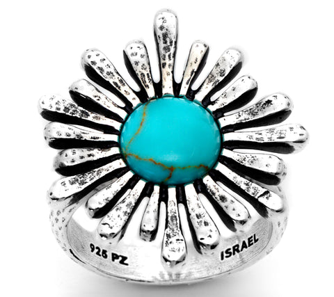 Or Paz Sterling Silver Blue Turquoise Floral Sunray Ring Size 10