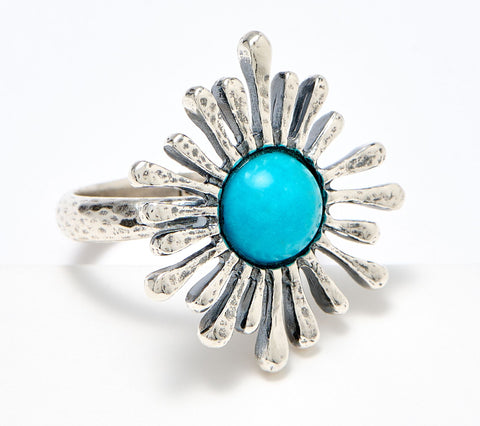 Or Paz Sterling Silver Blue Turquoise Floral Sunray Ring Size 10