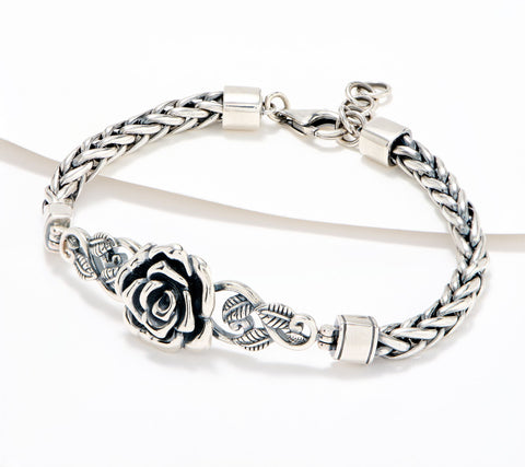 Or Paz Sterling Silver Rose Wheat Link Chain Floral Bracelet 7-1/2"