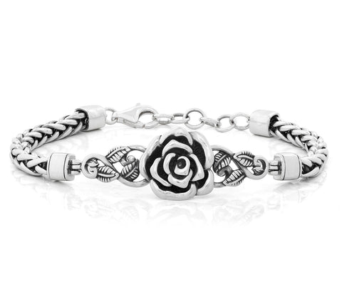 Or Paz Sterling Silver Rose Wheat Link Chain Floral Bracelet 7-1/2"