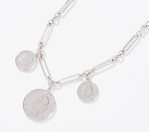 Italian Silver Sterling Link w/ Three Coin Necklace, 18"