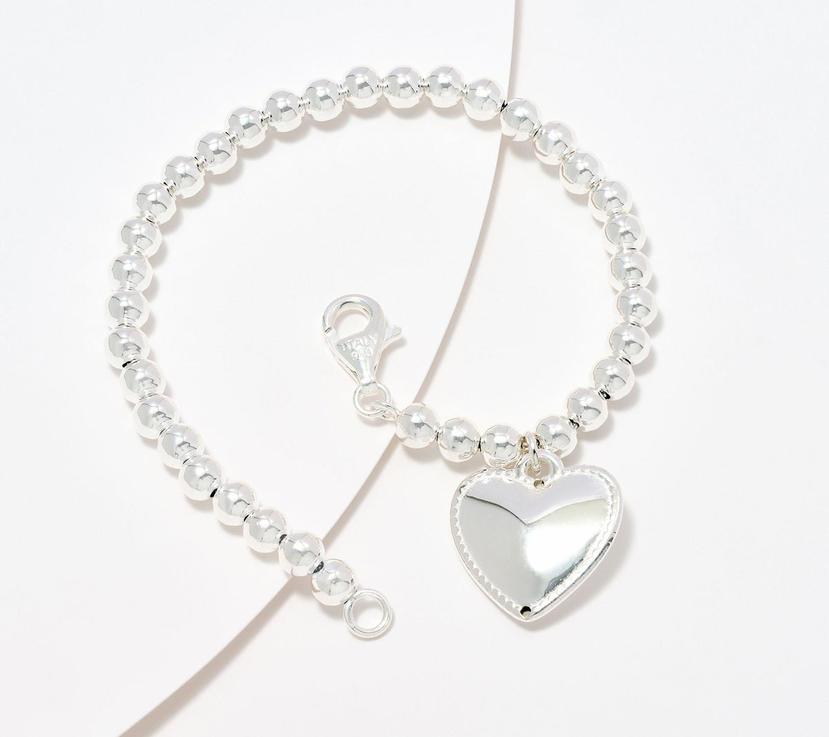 UltraFine 950 Silver 5mm Beaded Heart Charm Bracelet 6-3/4"