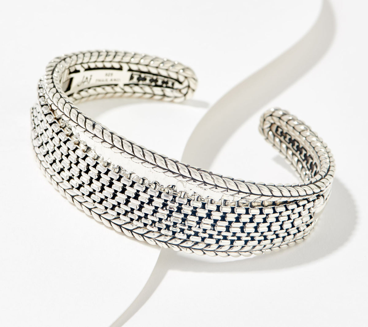 JAI Sterling Silver Multi-Box Chain Hammered Cuff Bracelet, 6-3/4"