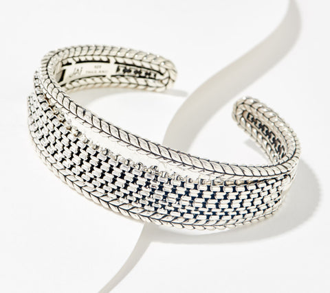 JAI Sterling Silver Multi-Box Chain Hammered Cuff Bracelet, 6-3/4"