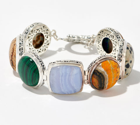 Artisan Crafted Sterling Silver Fancy Cushion Multi-Gemstone Bracelet. 6-3/4"