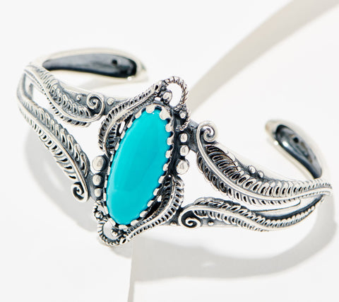 American West Sterling Silver Leaf & Scroll Oval Turquoise Cuff 6-3/4"