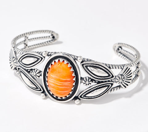 American West Sterling Silver Orange Spiny Shell Thunderbird Cuff 6-3/4"