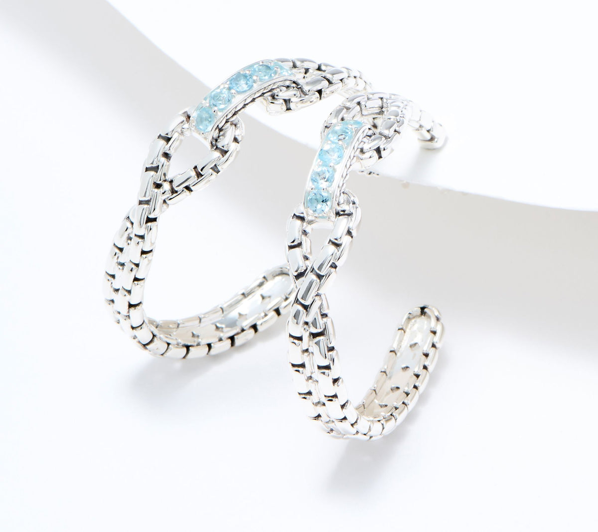 JAI Sterling Silver Pave Blue Topaz Box Chain Hoop Earrings, 1-1/2"