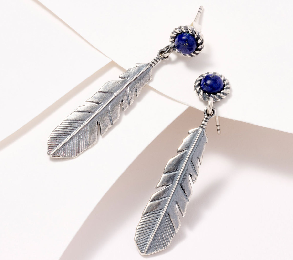 American West Sterling Silver Feather & Blue Lapis Dangle Earrings