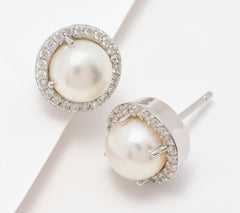 Honora Sterling Silver Cultured Pearl & Clear Cubic Zirconia Stud Earrings.