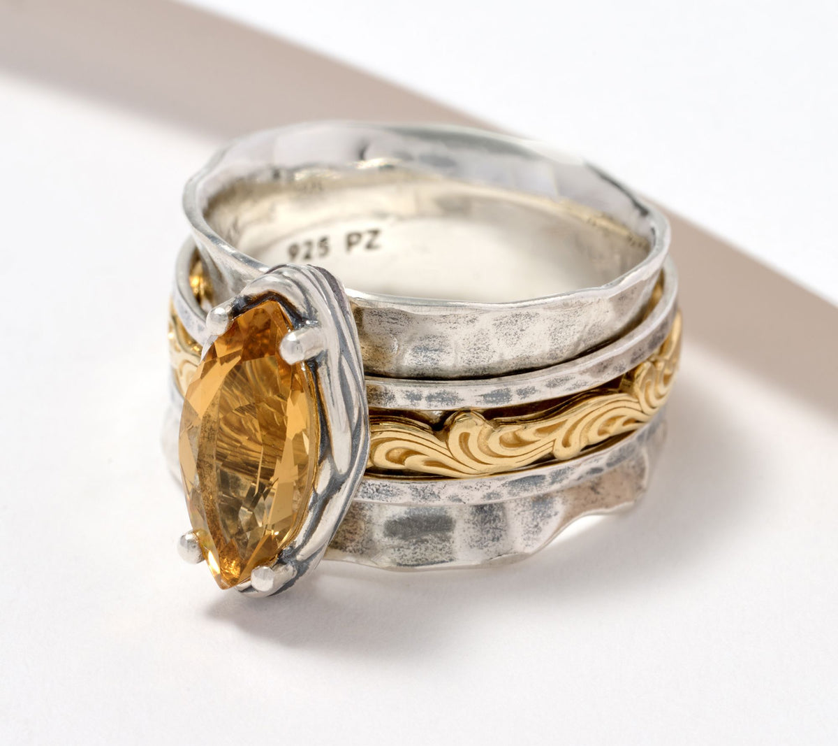 Or Paz Sterling Silver Marquise Citrine Two-Tone Spinner Ring Size 6