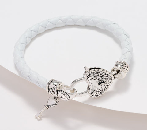 JAI Sterling Silver Heart Lock Braided White Leather Bracelet, 6-3/4"