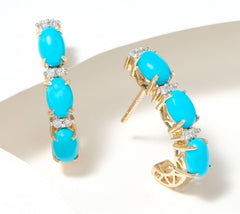 Affinity Gems Oval Cut 3-Stone Turquoise J Hoop Earrings, 14K Yellow Gold