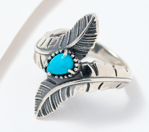 American West Sterling Silver Feather Blue Turquoise Ring Size 6