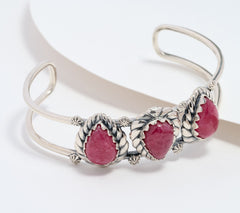 American West Sterling Silver Pear Rhodonite Rope Cuff Bracelet 6-3/4"